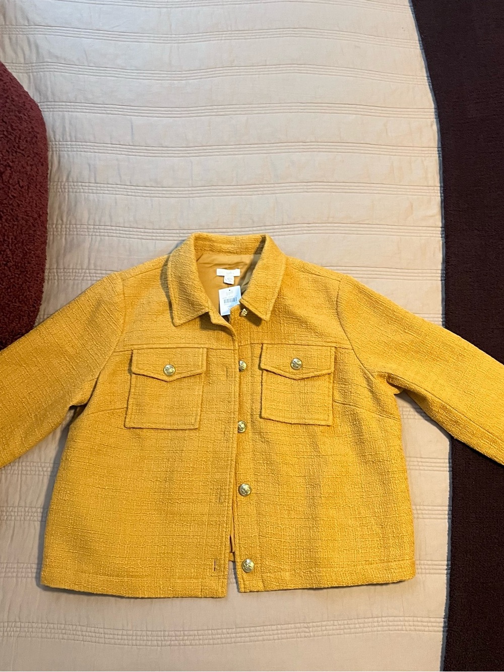 J. Jill Mustard Textured Bouclé Shirt Jacket Honey Medium Petite gold buttons - Picture 2 of 10